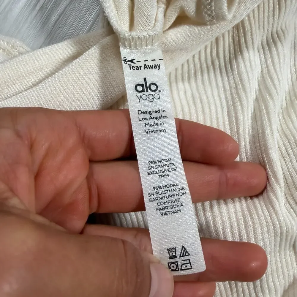 ALO Yoga Top Women's Size Small White Ribbed Waist Tie Wrap Long Sleeve